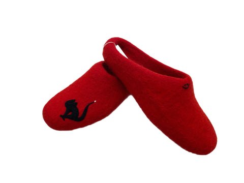 100% Boiled Wool Slippers - Handmade (with Non-Slip Resin) - RED